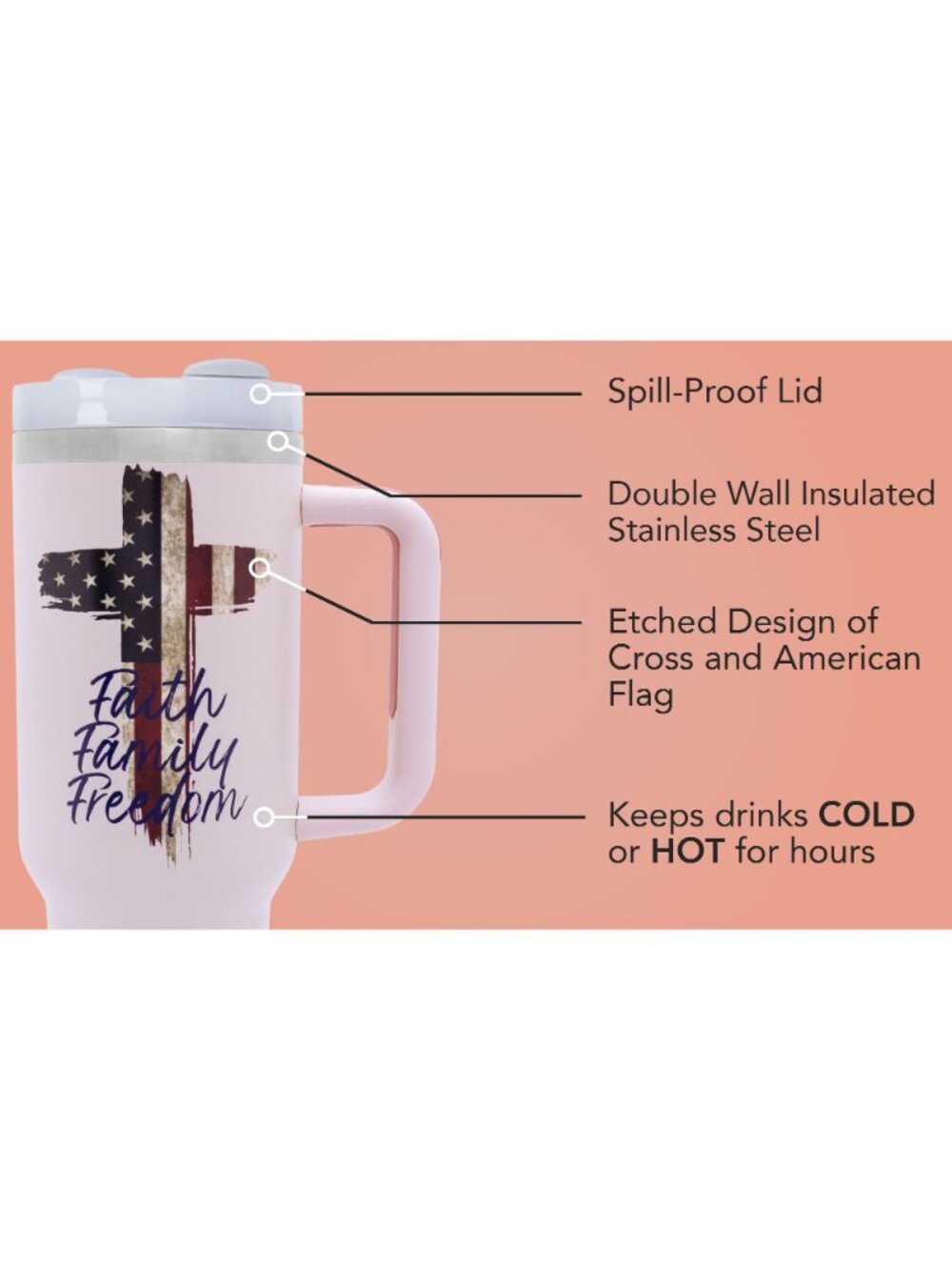 Patriotic 40 oz Tumbler American Flag Cross Insulated Mug Faith Family Freedom - Picture 8 of 9